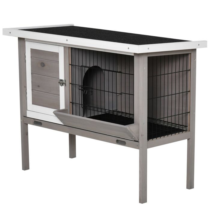 Clapier - Clapier Lapin Extérieur en Bois Toit Asphalte - Plateau Coulissant 2 Portes - 91 x 46 x 71 cm - Gris