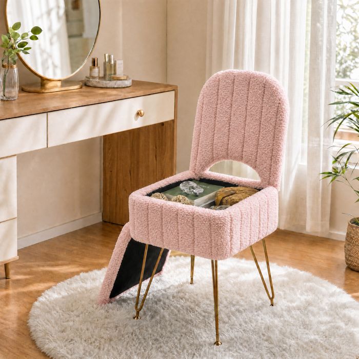 Tabouret de coiffeuse – pouf carré rembourré – Compartiment caché –Rose – Polaire douce-40 x 42 x 84 cm