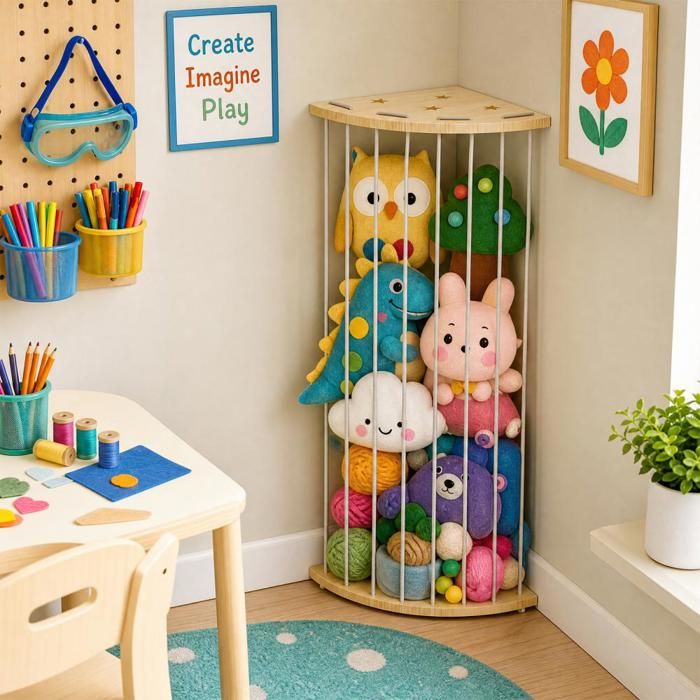 PEACHES Présentoir de peluches-Coffre-Malle-Meuble de rangement pour recoin salon espace d’éveil 30*30*190cm bois naturel