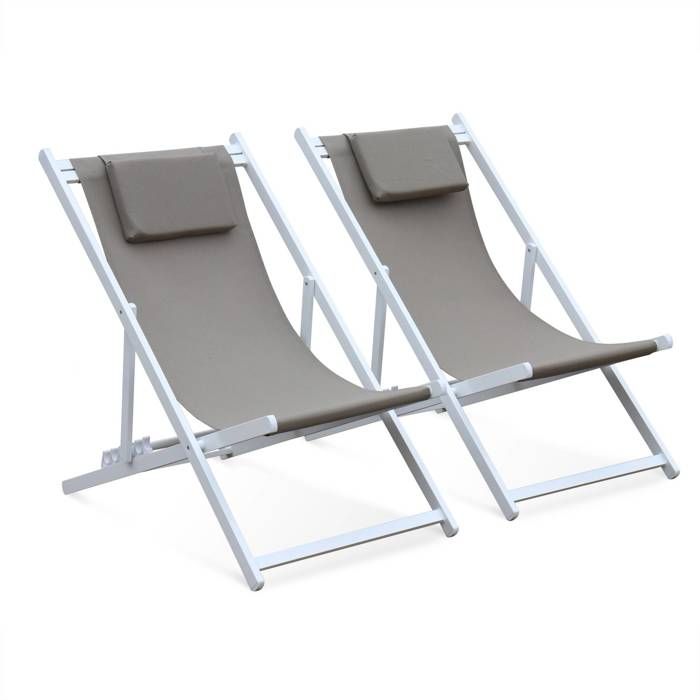 Lot de 2 bains de soleil - Gaia taupe - en aluminium blanc et textilene taupe avec coussin repose tête. chilienne