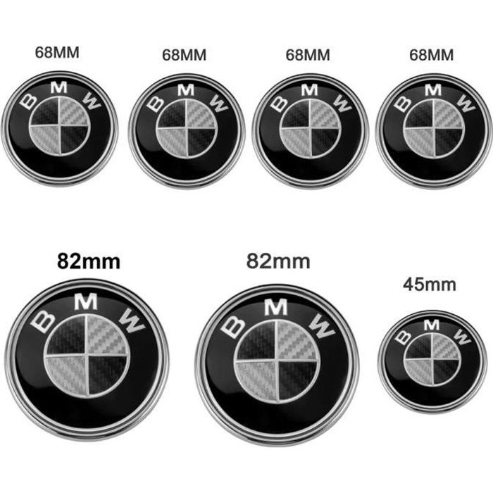 Kit 7 pcs BMW Logo/ Embleme/ Badge Carbone Noir et Blanc 82mm + 82mm