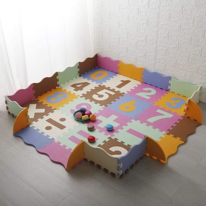 Tapis de Puzzles en Mousse pour BéBé 142x142cm Tapis d’Éveil Épais Jeux Enfant Dalles de Sol Souple avec Clôture Alphabet/Chiffres