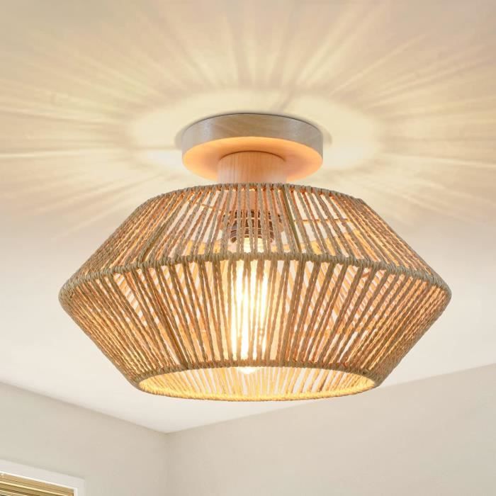 Plafonnier Semi-Encastré En Bambou - Style Bohème - Abat-Jour Rotin - Luminaire Ferme Pour Chambre, Couloir