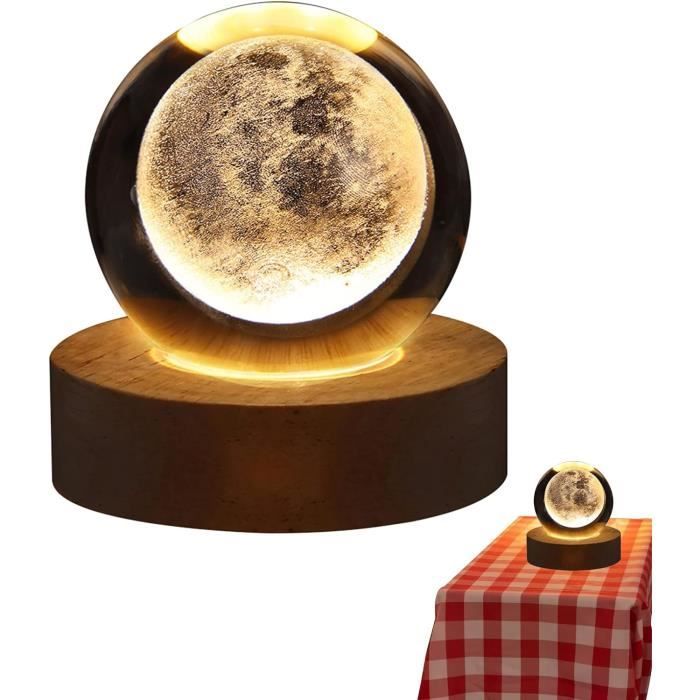 Veilleuse 3D Boule De Cristal Sapin De Noël – Lampe LED Avec Base En Bois, Luminosité Réglable, USB