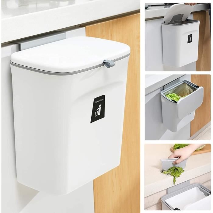 Poubelle Murale Avec Couvercle 9 L - Installation Sans Perçage Pour Porte De Placard, Cuisine, Salle De Bain