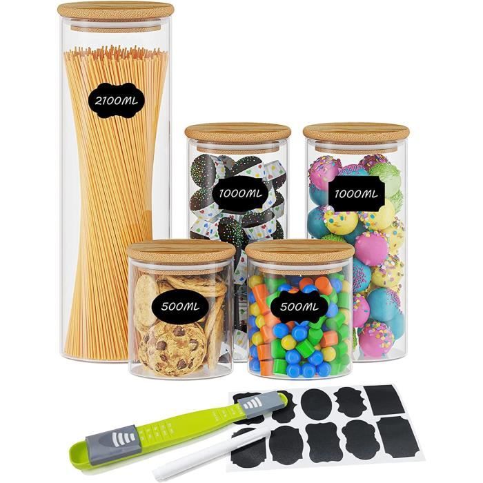 Lot De 8 Bocaux En Verre 500 Ml Avec Couvercles Bambou - Pour épices, Herbes, Bonbons - Empilables, étanches, Avec étiquettes