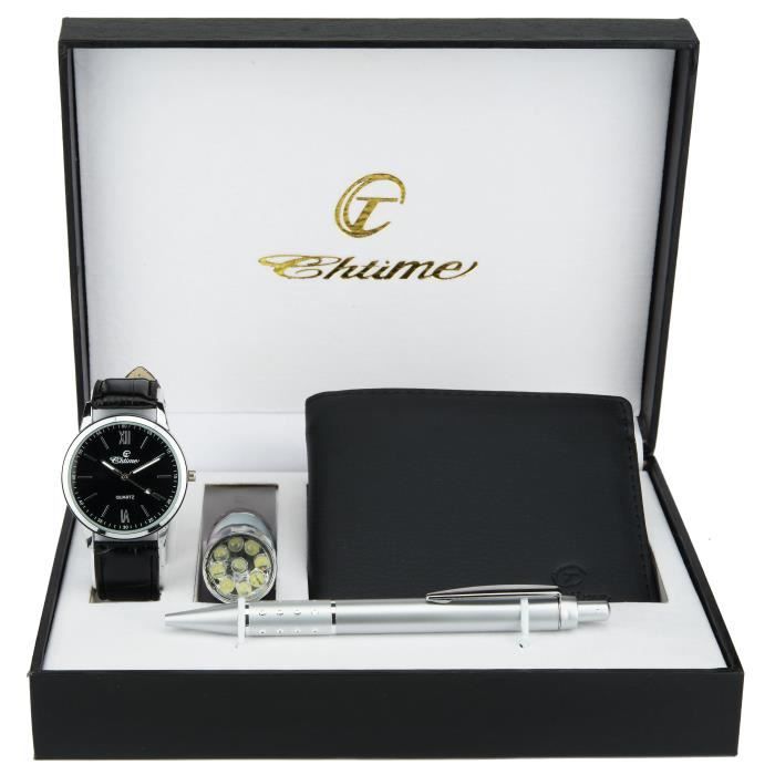 coffret cadeau montre homme noir - lampe led -  portefeuille - stylo