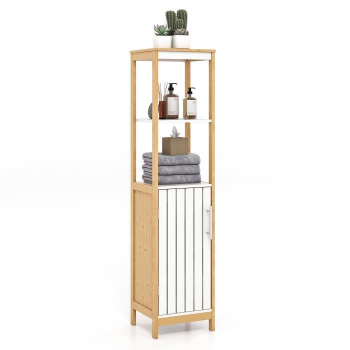 costway meuble colonne de salle de bain en bambou, avec porte à lattes, étagère réglable, 30 x 30 x 129 cm, naturel