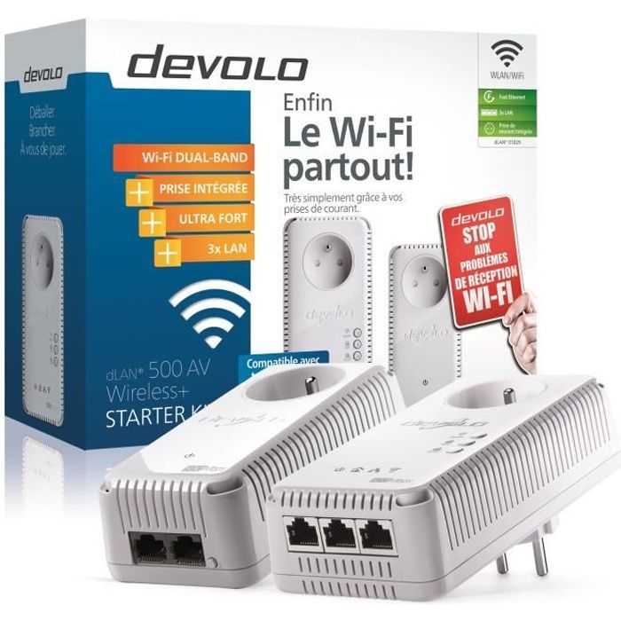 DEVOLO Kit 1 CPL Wi-Fi 500 Mbit/s + 1 CPL Filaire 500 Mbit/s 3 ports Fast Ethernet + Prise Intégrée - Kit de démarrage - Devolo