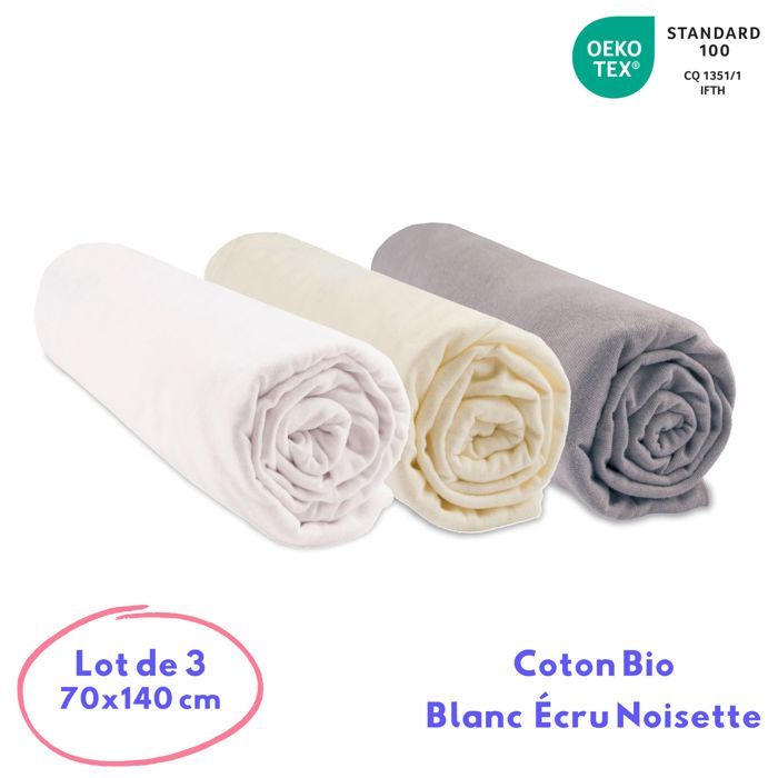 Lot de 3 Draps housse - EASY DORT - 70x140 cm - 100% Coton Bio - Marron Noisette Blanc et Écru Lot de 3 Draps housse - EASY DORT - 70x140 cm - 100% Coton Bio - Marron Noisette Blanc et Écru