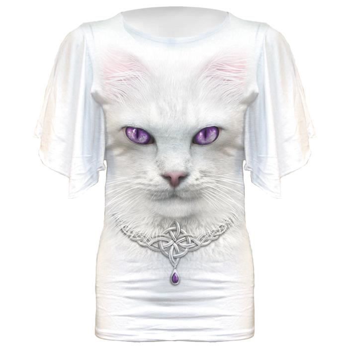 Vetement Tee Shirt Femme Motif Imprime Chat Blanc Aux Yeux Mauves Avec Un Collier Pendentif Autour De Son Cou Blanc Cdiscount Pret A Porter
