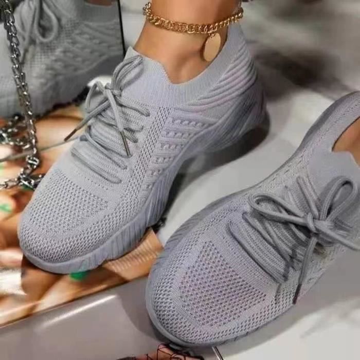 Baskets confortables respirantes en maille pour femmes baskets lacets plateforme de couleur unie Gris