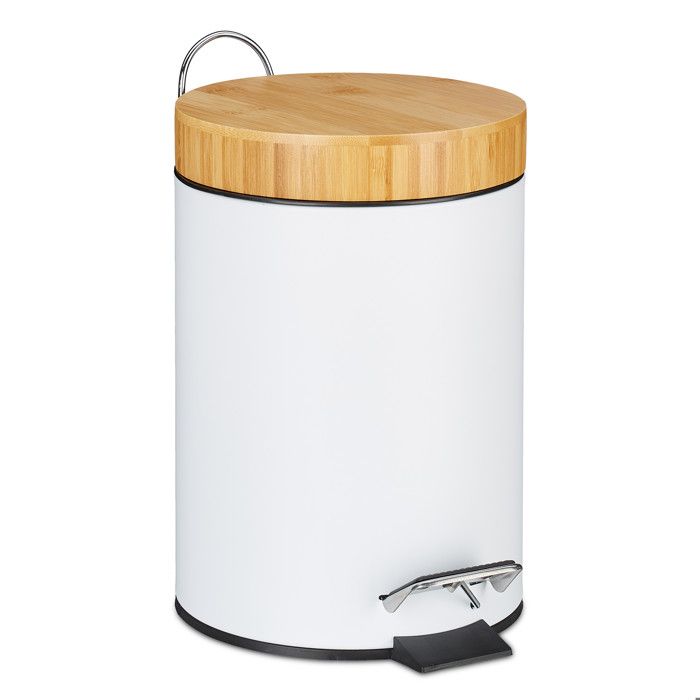 Relaxdays Poubelle Salle De Bain 5 Litres Métallique - Couvercle Bambou, Seau Amovible, Blanche