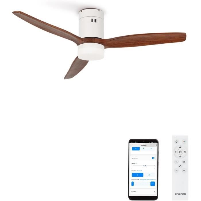 Ventilateur Plafond CREATE WINDCALM 132cm Avec Lumière - Moteur DC Silencieux, WiFi, Télécommande - Noir Pales Bois Foncé