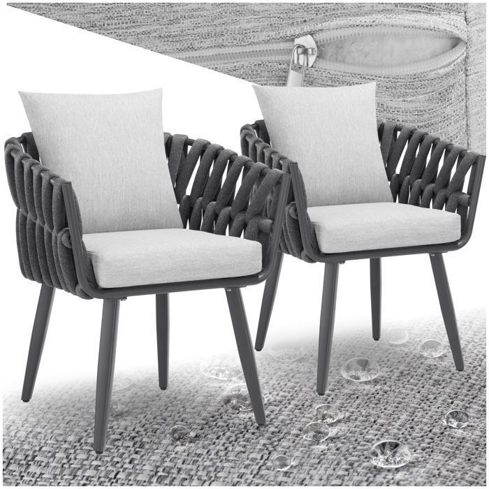 Chaises - TECTAKE - Lot de 2 chaises LUGANO au design corde aluminium inoxydable résistantes aux intempéries - Gris anthracite