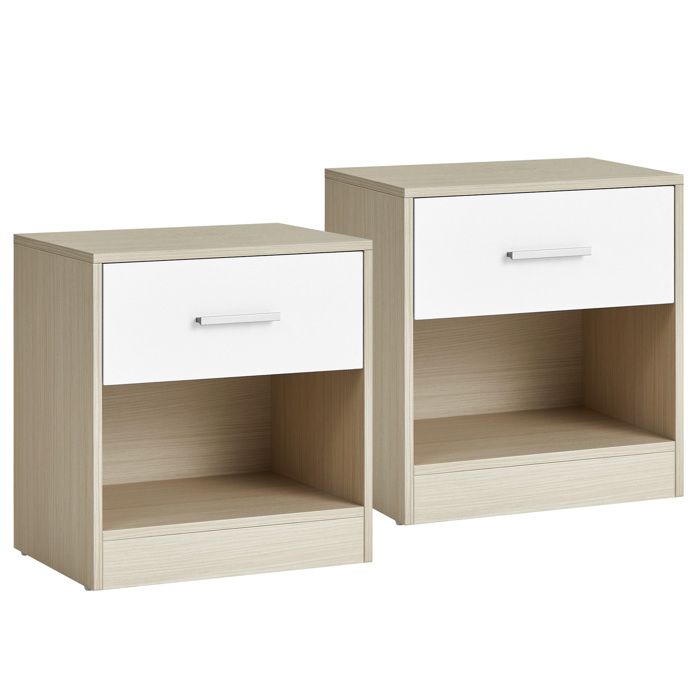 VASAGLE Table de Nuit Lot de 2 Table d’Appoint avec Tiroir Poignée Compartiment Ouvert Table Basse Beige Naturel et Blanc