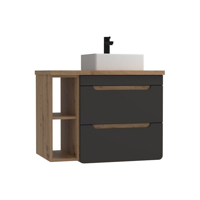 Meuble de salle de bain suspendu simple vasque et niches - Coloris naturel et anthracite - 80 cm - ARUBA