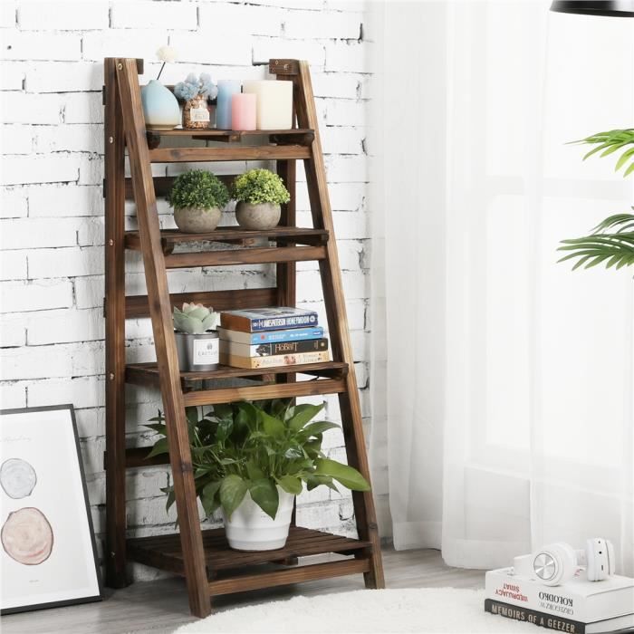 Étagère à Fleurs Pliante en Bois - YAHEETECH - Porte Plante à 4 Niveaux - Brun - Rustique - Polyvalente