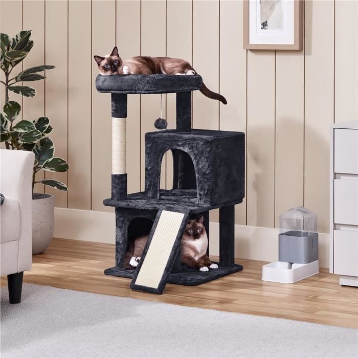 Meilleurs prix pour Arbre à Chat Tour avec Griffoir Noir - 1 Platforme et Colonne en Sisal 2 Niches 1 Boule de Peluche  - 49 x 45,5 x 91 cm - Yaheetech