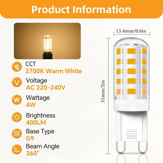 Mengjay Lot De 5 Ampoules LED G9 3,5 W - Blanc Chaud - 3000 K