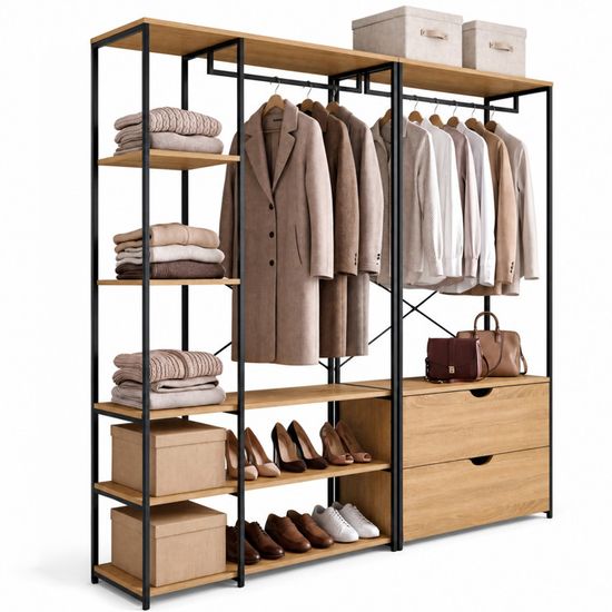 Dressing D'Angle Modulable DETROIT 90/123 Cm - Bois Hêtre & Noir - 6 Étagères, Penderie