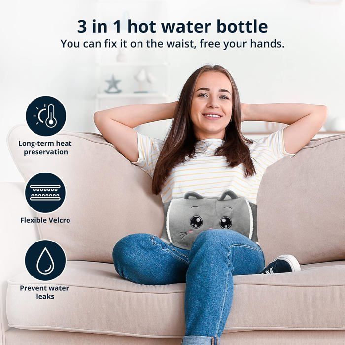 Bouillotte Eau Chaude 1,2L - Étanche, Housse Amovible - Chaleur 4-6h - Pour Dos, Épaules, Jambes - 6