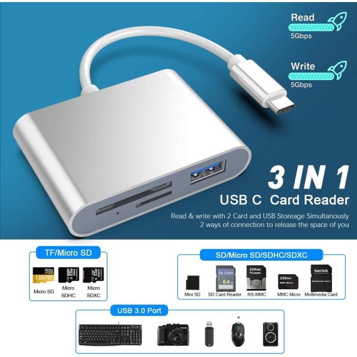 uni Lecteur de Carte USB C vers SD/MicroSD, Solide Aluminium Adaptateur  Carte Mémoire USB C [