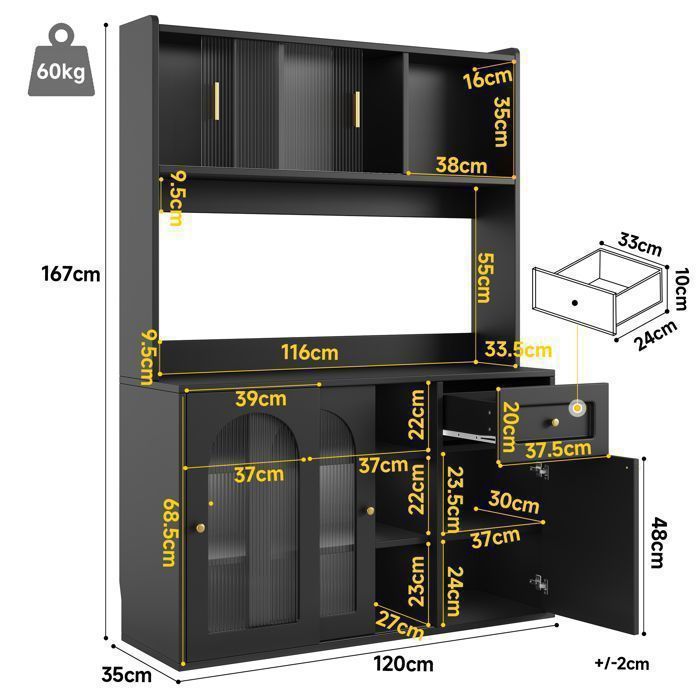 Buffet de cuisine 100x40x183cm - avec USB et prise - avec LED - 5 portes et 3 tiroirs - Noir Buffet de cuisine 100x40x183cm - avec USB et prise - avec LED - 5 portes et 3 tiroirs - Noir