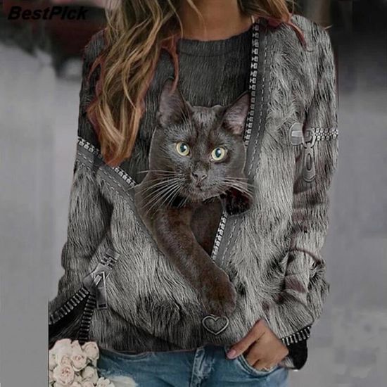 Blouse Femme Chat Noir Zipper Imprimer Femmes Chemisier Chemises Decontracte Kawaii Col Rond Manches Longues Femme T Type Kaki Blanc Cdiscount Pret A Porter