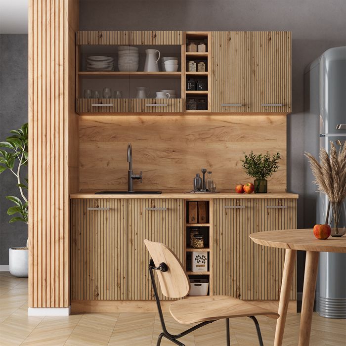 Cuisine en angle Fame-Line, 160 x 190 cm , PT Anthracite, Bordeaux brillant/Chêne doré, Vicco