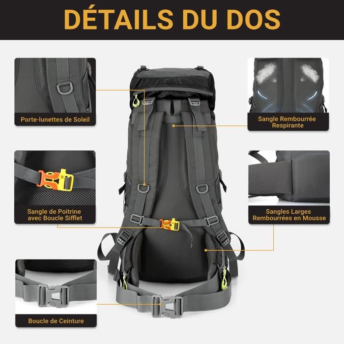 NACATIN Sac à dos de randonnée 60L, idéal pour le camping, le