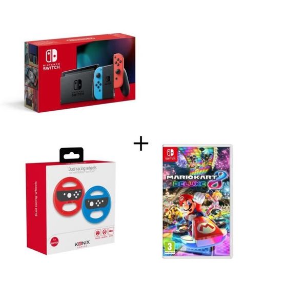Pack Switch Neon + Mario Kart 8 Deluxe + 2 Volants Konix Switch