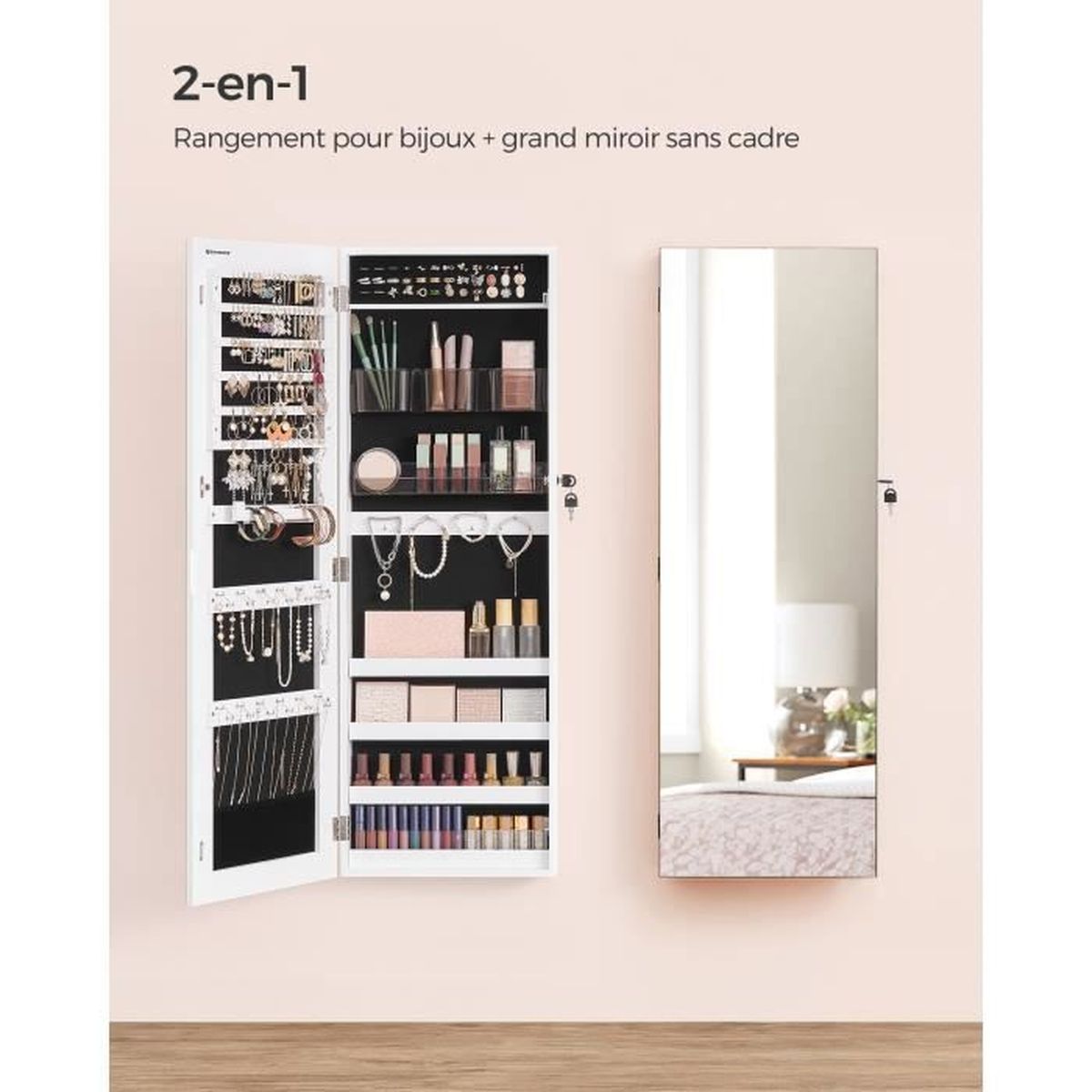 SONGMICS Armoire à Bijoux Murale, RangeBijoux avec 2 organisateurs