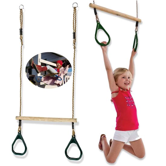 Balançoire Bois Extérieur - Siège Trapèze Avec Anneaux - Portée 120kg - Pour Enfants Et Adultes - Jardin Ou Parc