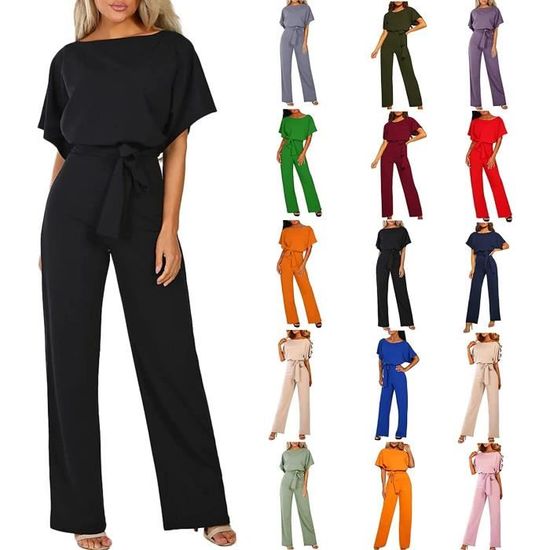 Combinaison Femme Manches Courtes Col Rond - Barboteuse Jumpsuit Été Chic Élégante Avec Ceinture