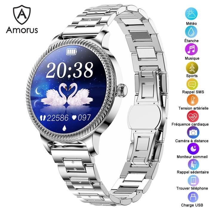 Montre Connectée Femme Sport, Étanche Montre Tactile Bracelet Bluetooth Musique Lecture Cardiofréquencemètre Sommeil Montre - Argent