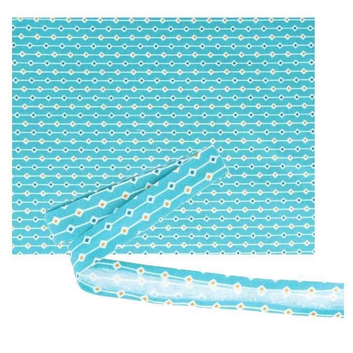 Tissu 55 x 45 cm & biais de couture 3 m x 2 cm - Bleu clair à losanges orange et bleu