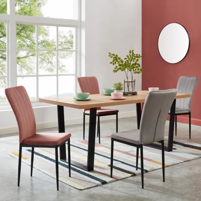 FELIX Table à manger style industriel - 6 à 8 personnes - plateau mélaminé coloris chêne - pieds métal noir - L 180 x 85cm
