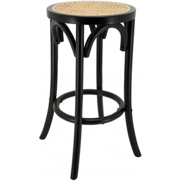 Tabouret de bar en bois laqué noir et cannage