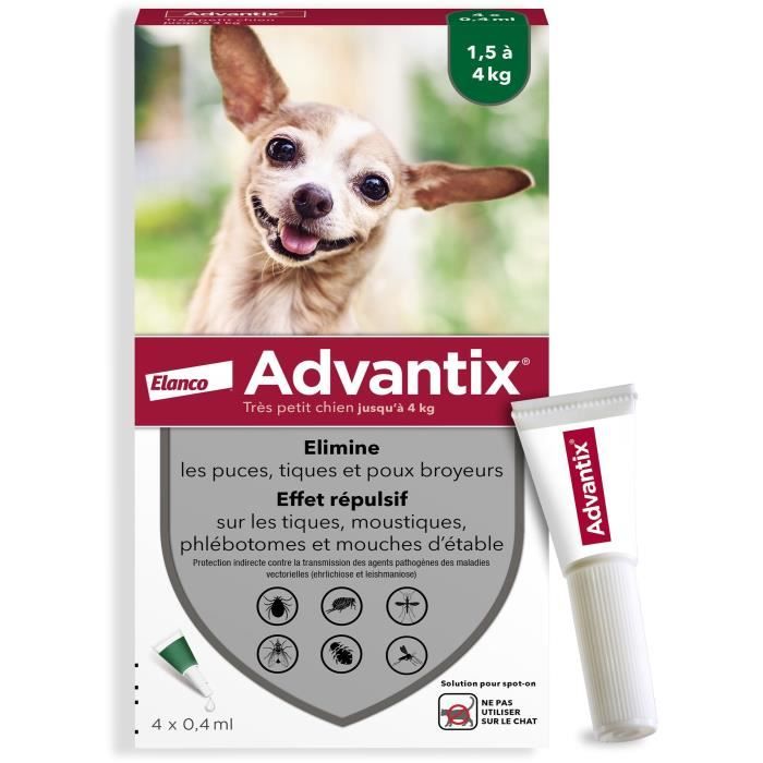 Advantix® Très Petit Chien – Anti-Puces et Anti-Tiques – 1,5-4KG – 4 Pipettes