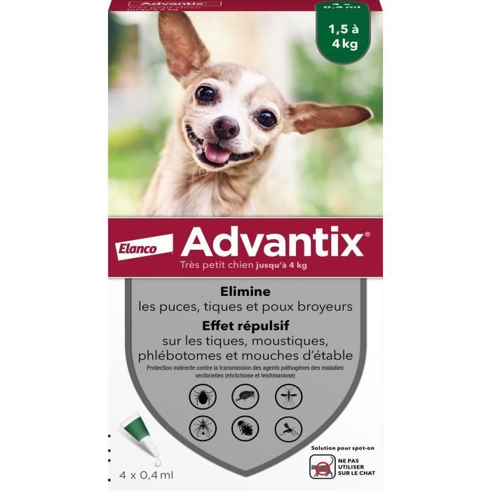 Advantix® Très Petit Chien – Anti-Puces et Anti-Tiques – 1,5-4KG – 4 Pipettes