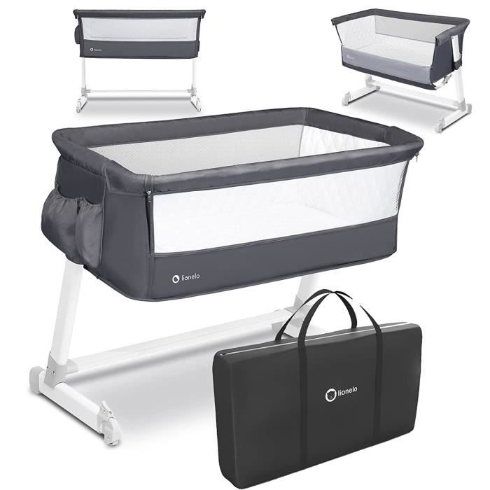 LIONELO Berceau cododo bébé Theo 2en1 pliable avec matelas et accessoires - Gris foncé