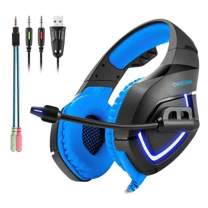 K1-B Professional PC stéréo casque de gaming Casque rétractable USB, LED Over Ear Casque pour PS4, PC, Xbox One, ordinateur portable