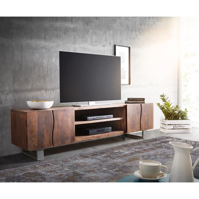Meuble-TV Live-Edge acacia marron 200 cm 4 portes 2 compartiments tronc d'arbre Lowboard