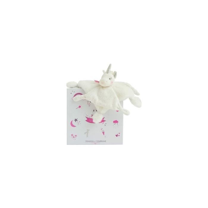 Coffret cadeau Doudou plat Licorne blanche et Argent 22 cm - Peluche douce bebe fille - Naissance, nouveau ne
