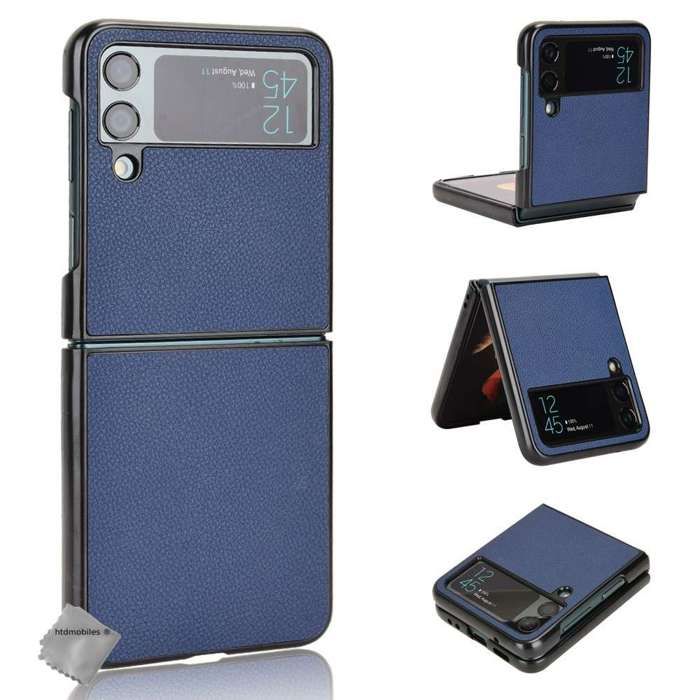 Coque rigide simili cuir avant et arrière pour Samsung Galaxy Z Flip 4 5G - BLEU FONCE