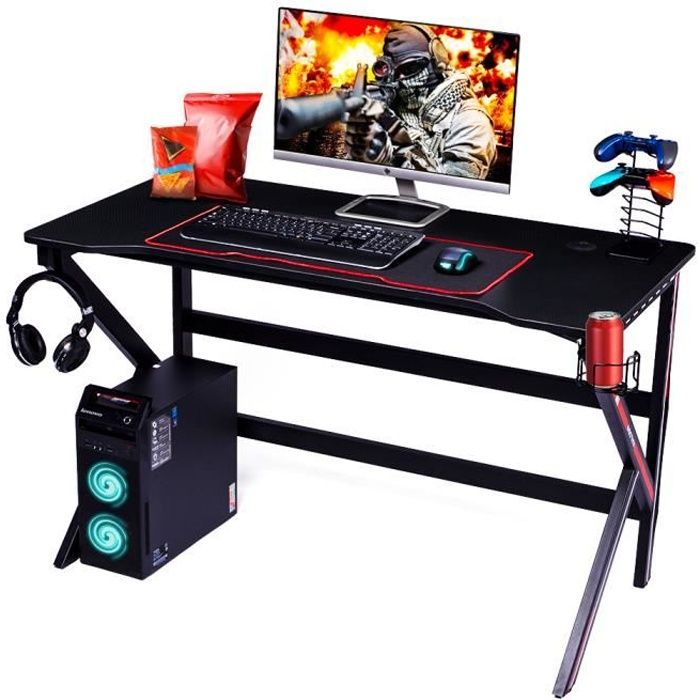 Nidouillet Bureau Gaming Bureau Gamer PC Bureau de Jeu Bureau d'Ordinateur avec Porte-Gobelet et Porte-Casque,Noir AB202
