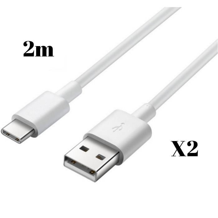 Cable USB-C pour Xiaomi Mi 11 - Mi 11 LITE - Mi 11 LITE 5G - Cable chargeur Type USB-C Blanc 2 Mètres [LOT 2] Phonillico®