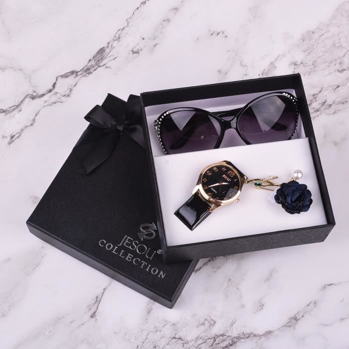 SHARPHY Coffret montre femme + Lunettes de soleil femme + broche - cadeaux de Noël 3 pièces de luxe à la mode