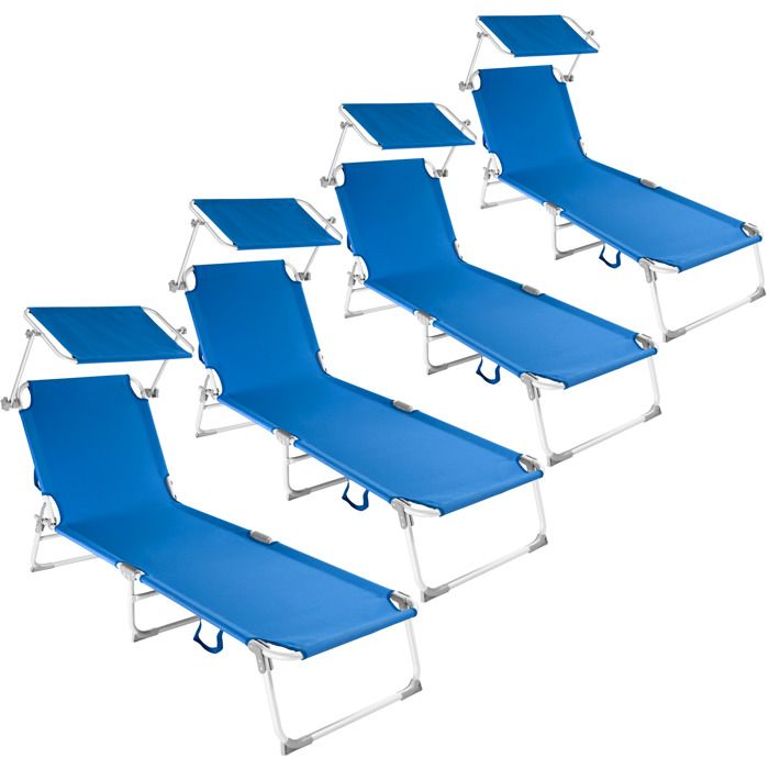 TECTAKE Transat Jardin de Bain Pliant Inclinable avec Pare Soleil en Aluminium 190 cm Bleu x 4